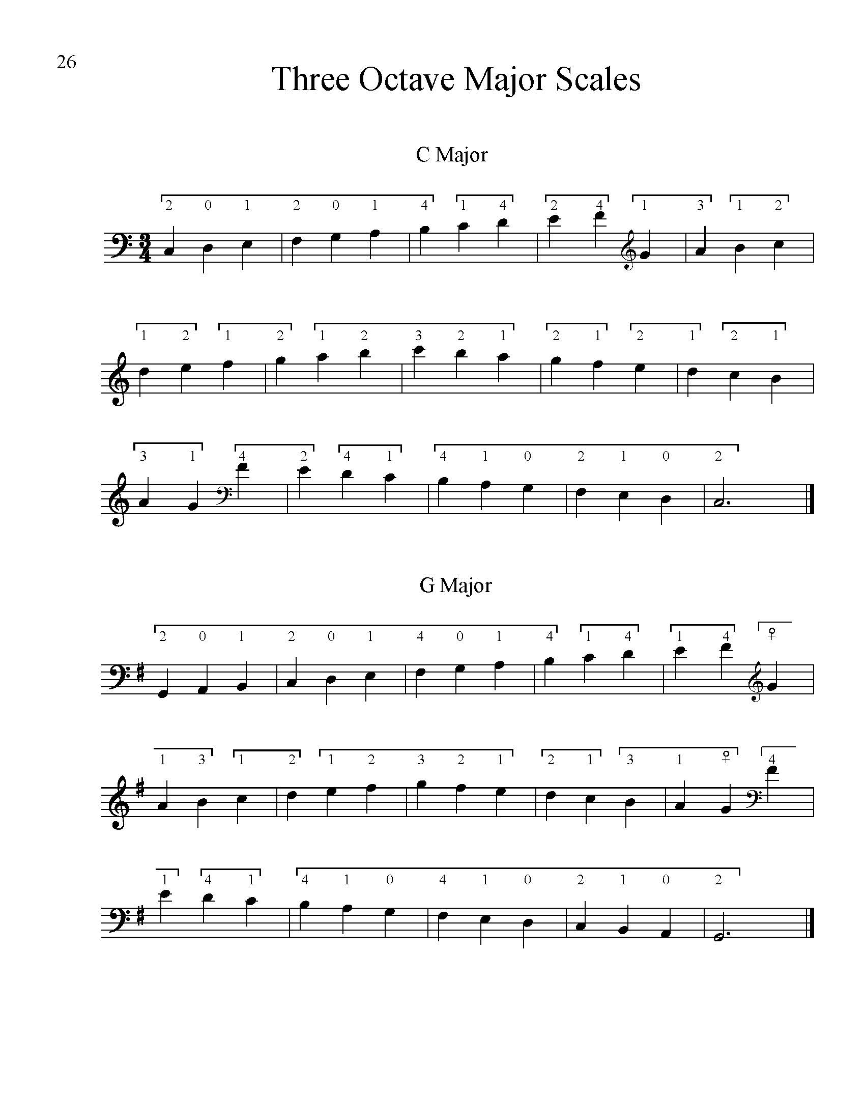 Scale book example, sheet music for three octave bass scales
